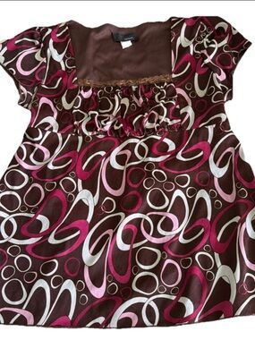 Y2K Hypnotik Retro Geometric Pink Brown Groovy Swirl Tie Lace Trim Square Neck